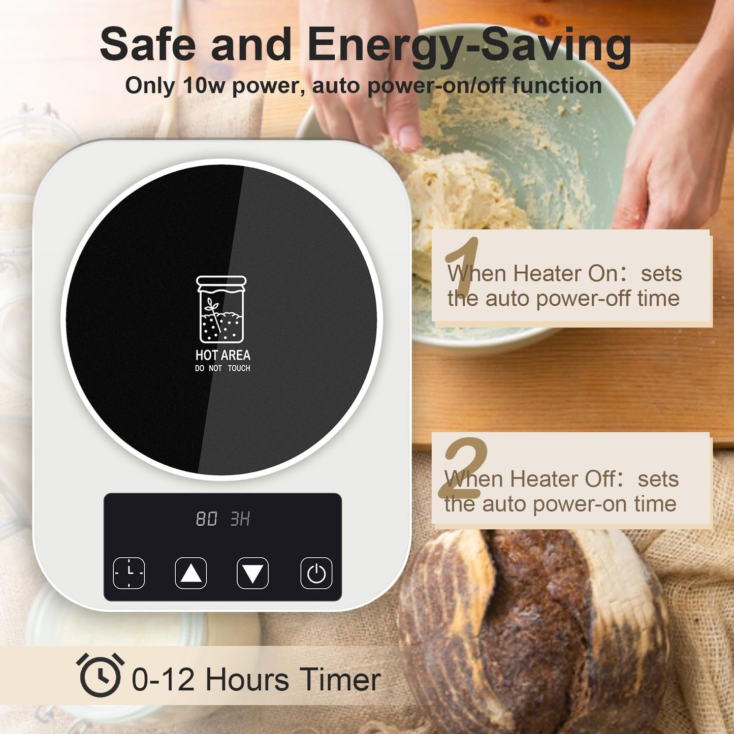 Sourdough Starter Warmer with Glass Dome, 1°F Precise Temperature Control from 70 to 100°F, 0-12H Timer Auto Warming ON/Off, Sour Dough Heating Mat and Glass Cover Set for Baking Fermentation