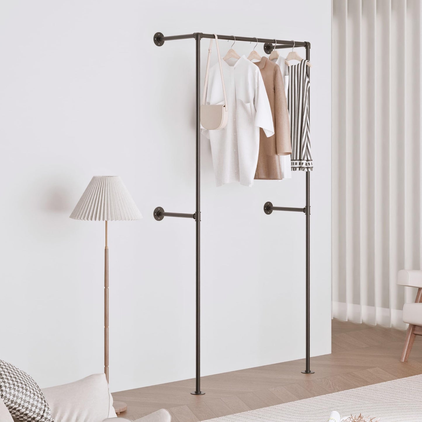 Anynice Black Industrial Pipe Clothing Rack 37.4" W Wall Mounted, Heavy Duty Iron Garment Rack 150 lbs per Rod, Open Closet Organizer for Bedroom Laundry Room Retail Display