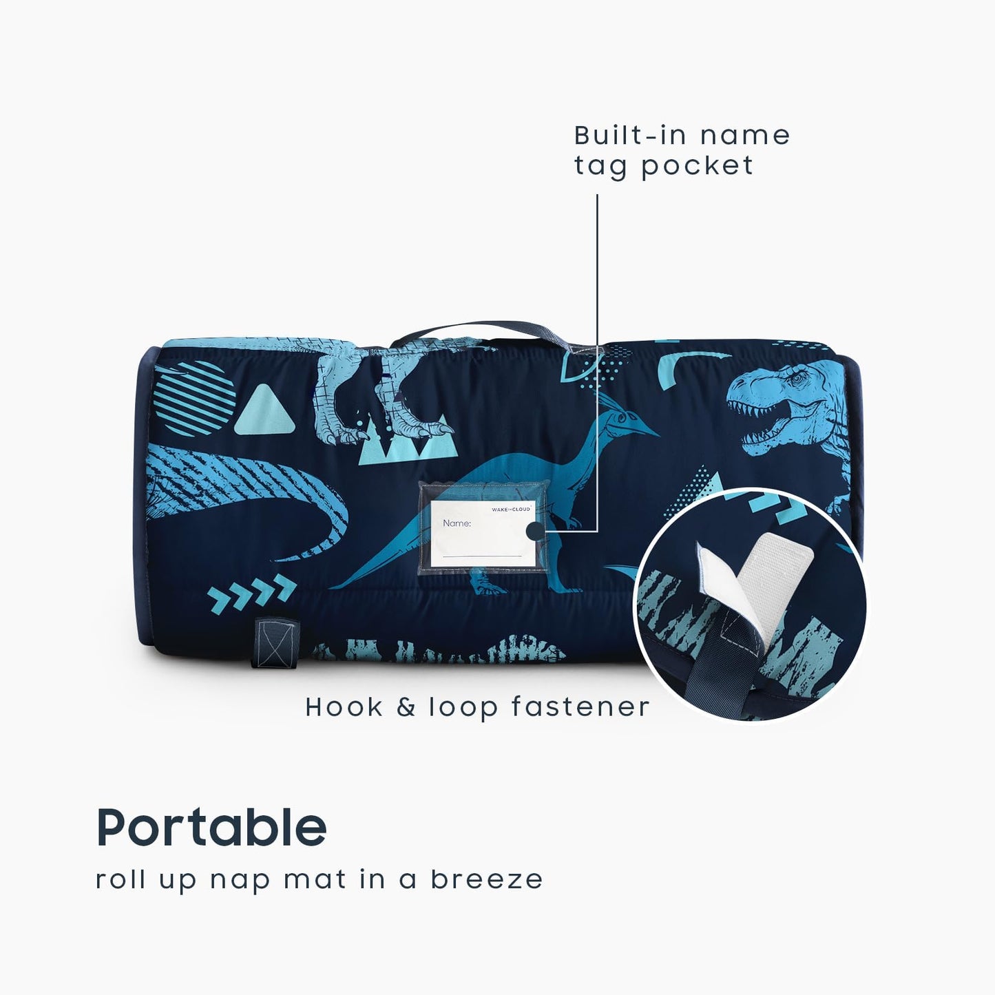 Wake In Cloud - Toddler Nap Mat with Pillow and Minky Fleece Blanket, for Kids Boys in Daycare Preschool Kindergarten, Roll Up Sleeping Bag, Jurassic Dinosaur World Sketch, Navy Blue, Standard