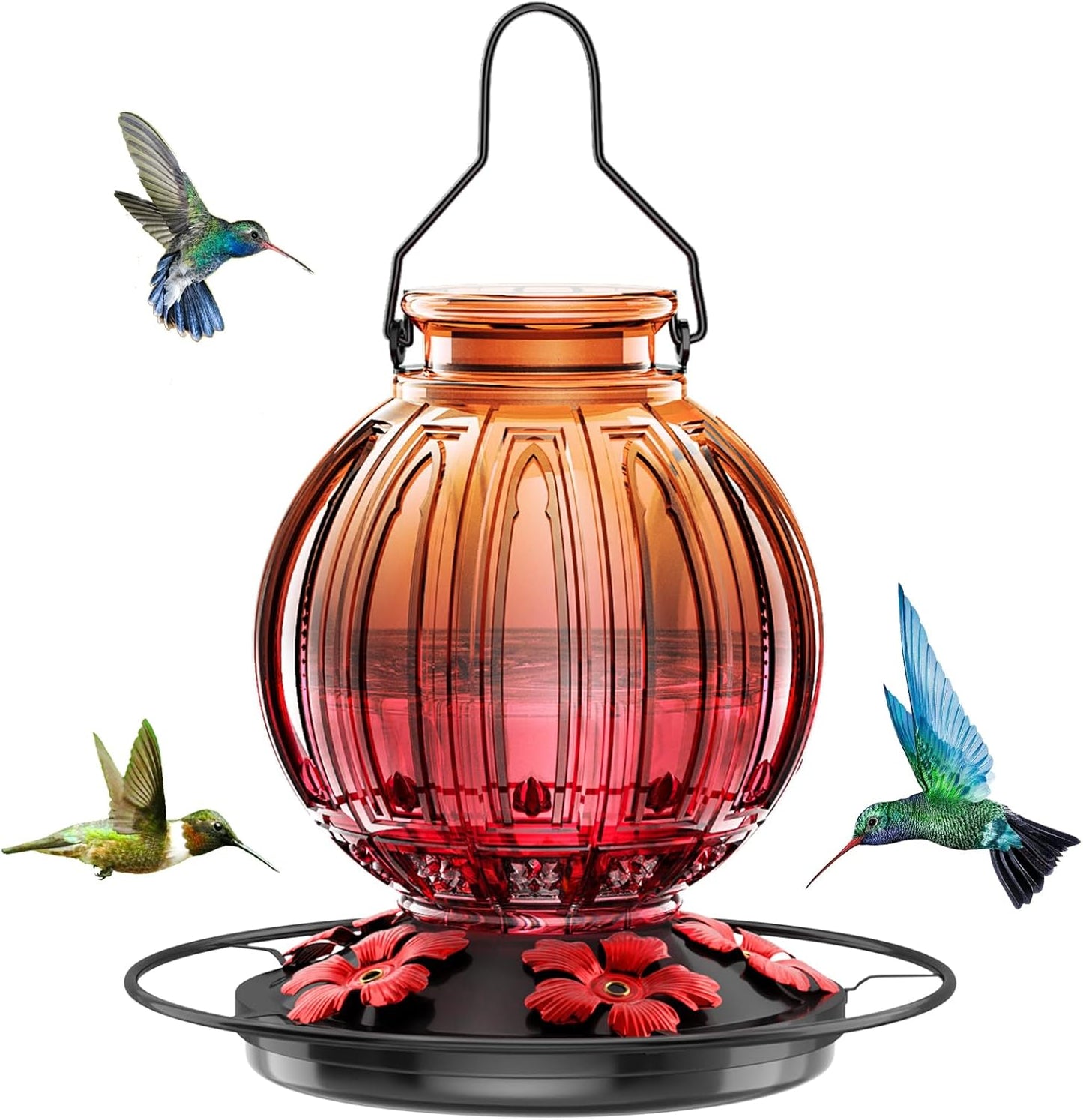 Skiennix Glass Hummingbird Feeder - 26Oz Leak-Proof Outdoor Nectar Feeder with 5 Flower Ports | Clear & Red