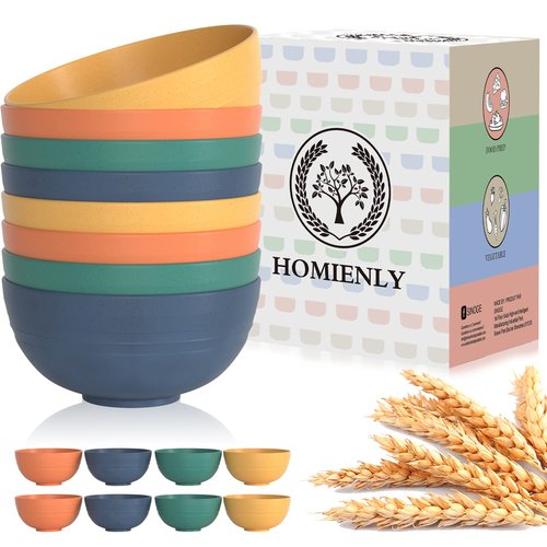 Homienly Plastic Bowls Alternative, Unbreakable Wheat Straw Cereal Bowls 8 PCS - Microwave & Dishwasher Safe Bowl for Cereal, Snack, Rice, Salad, Soup Bowls for Kitchen, Camping, Party(Muliti,26 OZ)