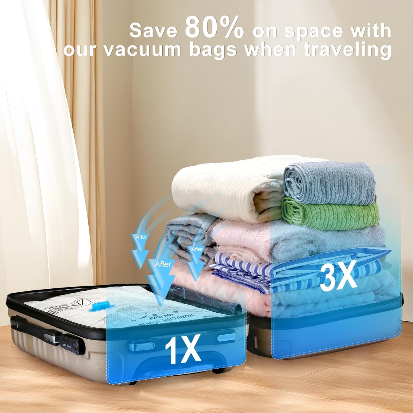 UPGOGO Vacuum Travel Bags - 6 Pack Space Saver Storage for Clothing, Blankets & Pillows
