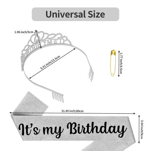 Araluky Silver-Black Crown and Sash for Women, Birthday Tiara Headband, Happy Birthday Hat, Party Favors Gift