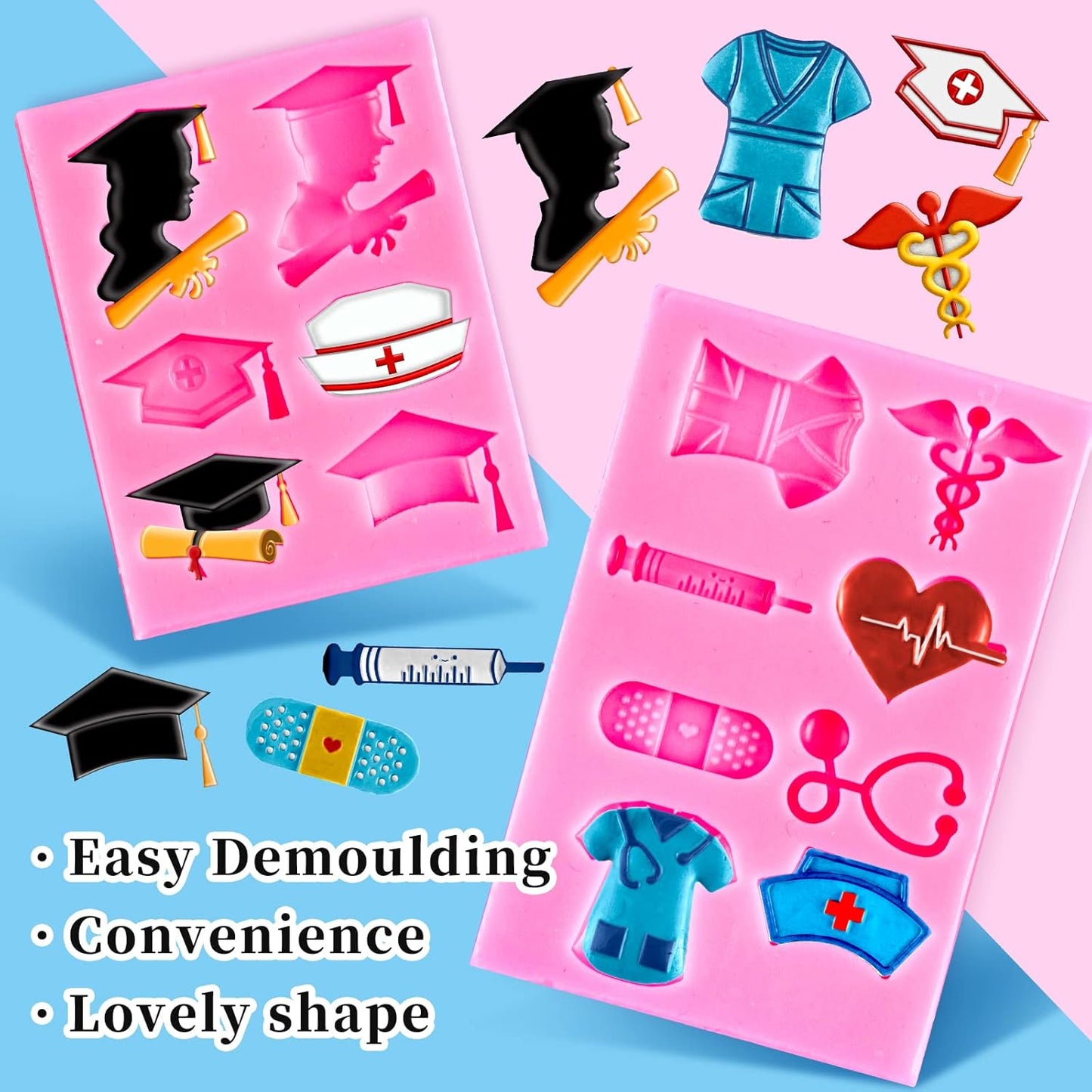 Whaline Silicone Fondant Molds - Nurse Graduation Themed Doctor Hat & Medical Equipment | 2 Pack for Cake Toppers