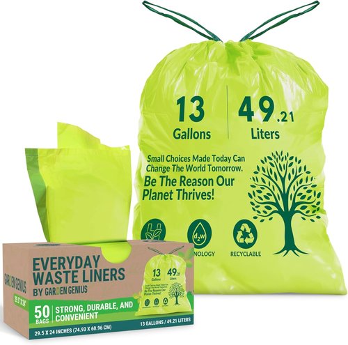 Biodegradable 13-Gallon Kitchen Waste Bags - Strong, Heavy-Duty Drawstring Trash Bags | Eco-Friendly 50-Pack
