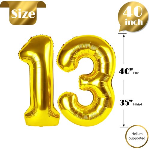 Gold Number 13 Balloon 40 Inch, 13th Birthday Party Decorations for Children, Giant 13 Foil Balloon for Party Supplies