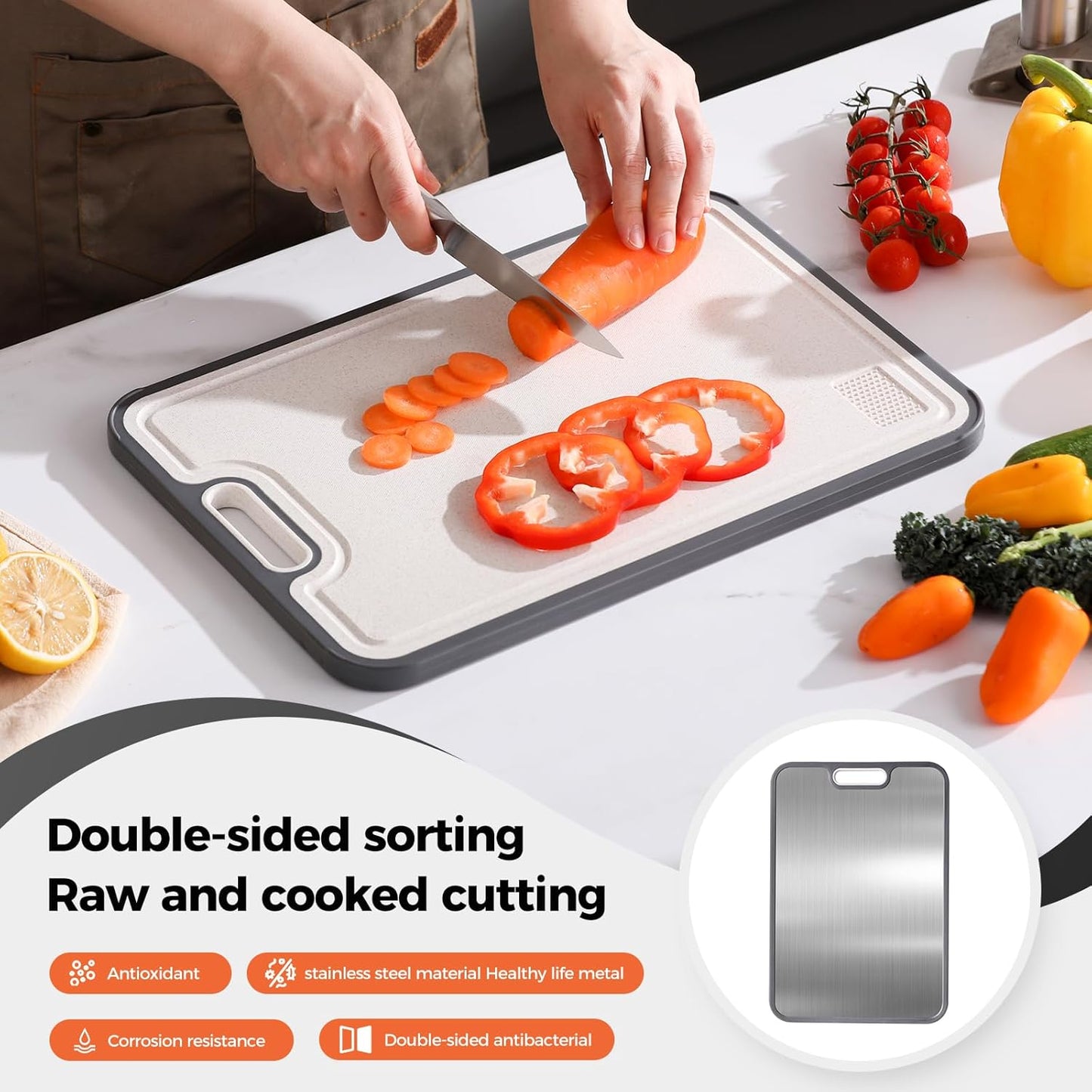 Skiennix Stainless Steel Cutting Board - Double-Sided Food Grade Design | Large 15" x 10" Non-Toxic Chopping Board