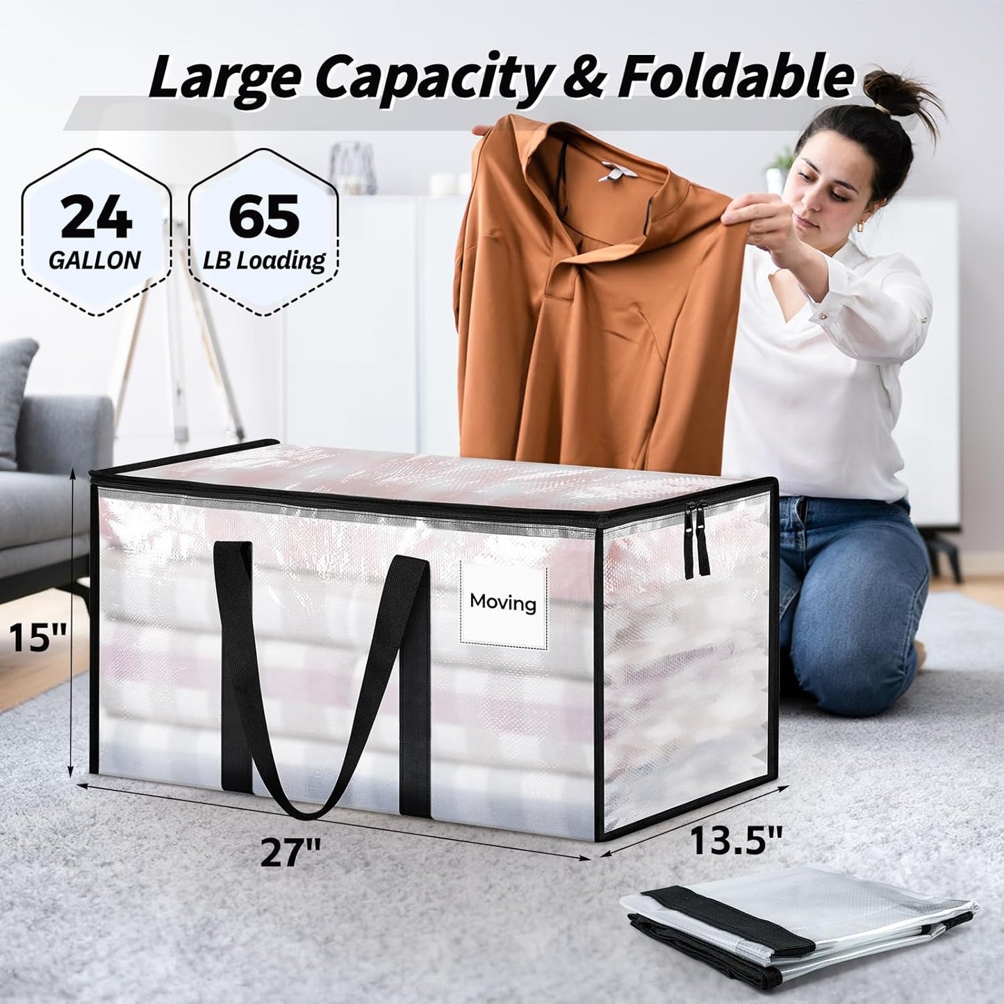 Skiennix Extra Large Heavy-Duty Moving Bags - Clear Storage Totes with Reinforced Handles & Zippers | 8 Pack