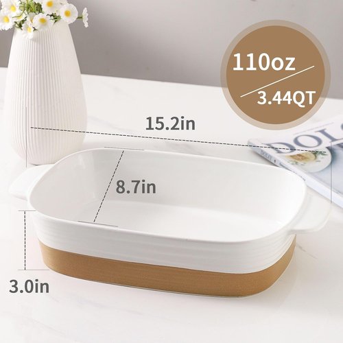 Hasense Ceramic Baking Dish - Non-Stick Lasagna Pan with Handle | 11.8x8.7 Inches, 3.4 Qt, White