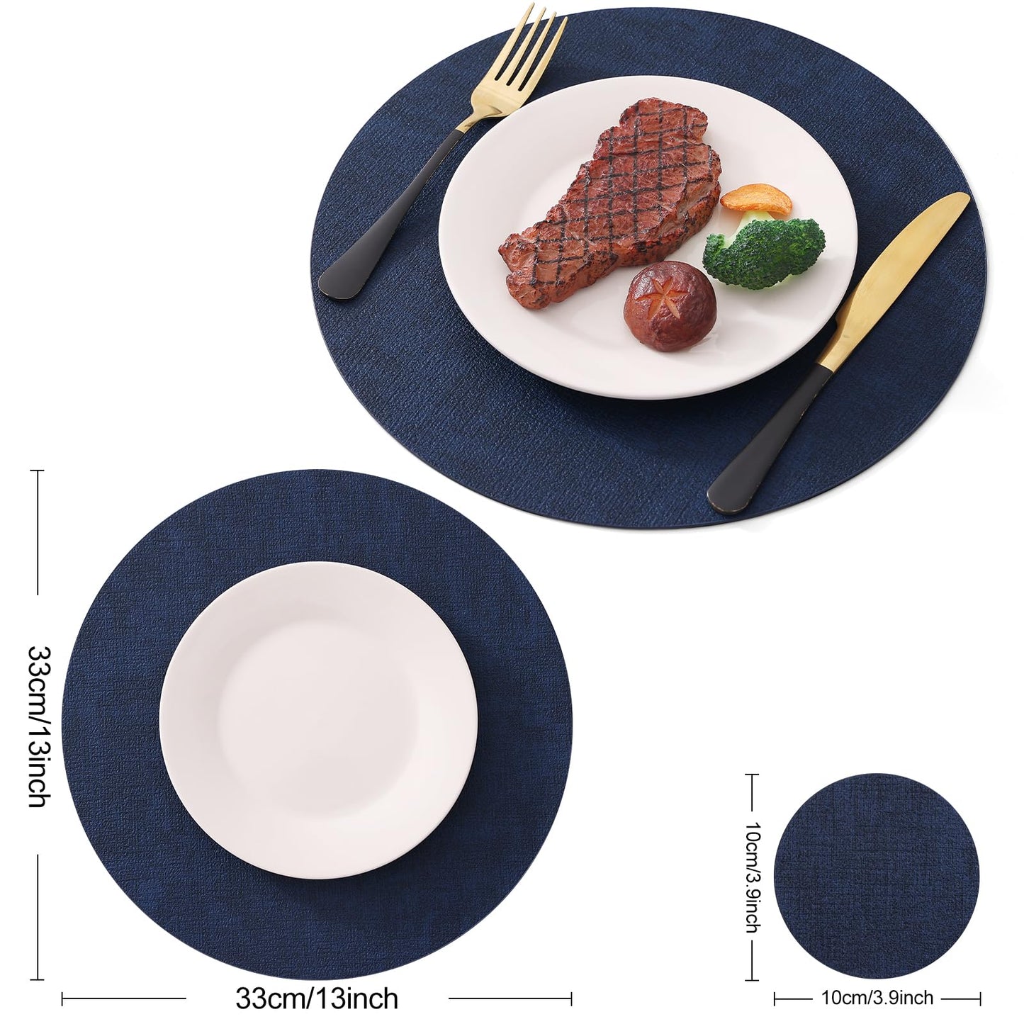 Homaxy Round Faux Leather Placemats and Coasters, Washable Dual-Side Table Mats, Wipeable Heat-Resistant Dining Place Mats for Outdoor and Indoor, Set of 6, Diameter 13 and 3.93 inch, Navy Blue