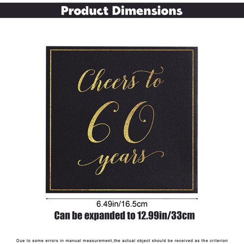 Heyiminy 20 Pack Cheers to 60 Years Napkins, Black and Gold 60th Birthday Napkins, 13 * 13 Inch Disposable Paper Cocktail Dinner Napkins for Birthday Wedding Anniversary Party Decorations (60 Years)