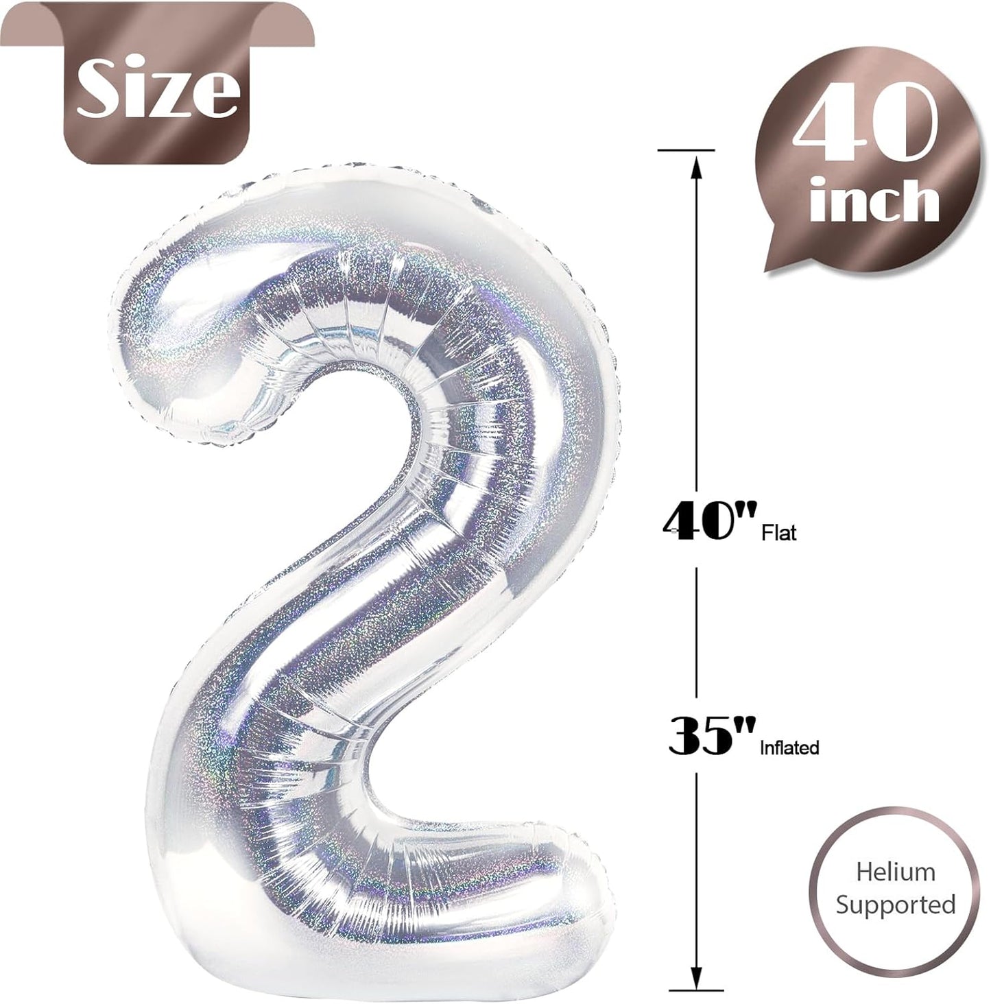 Laser Silver Number 2 Balloon - 40 Inch Birthday Decoration for Second Birthday Party