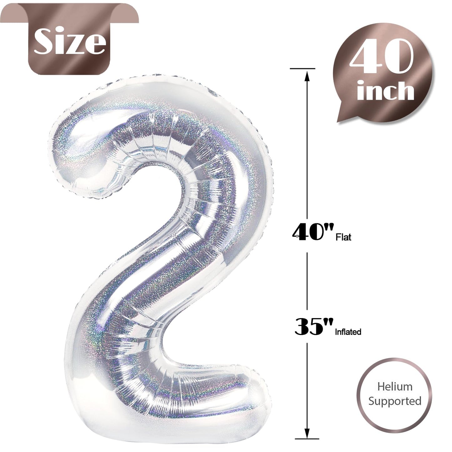 Laser Silver 2 Balloon, Number Balloons 40 Inch, 2nd Balloon Number Birthday Decorations, Second Two Birthday Party Supplies, Number 2 Balloon