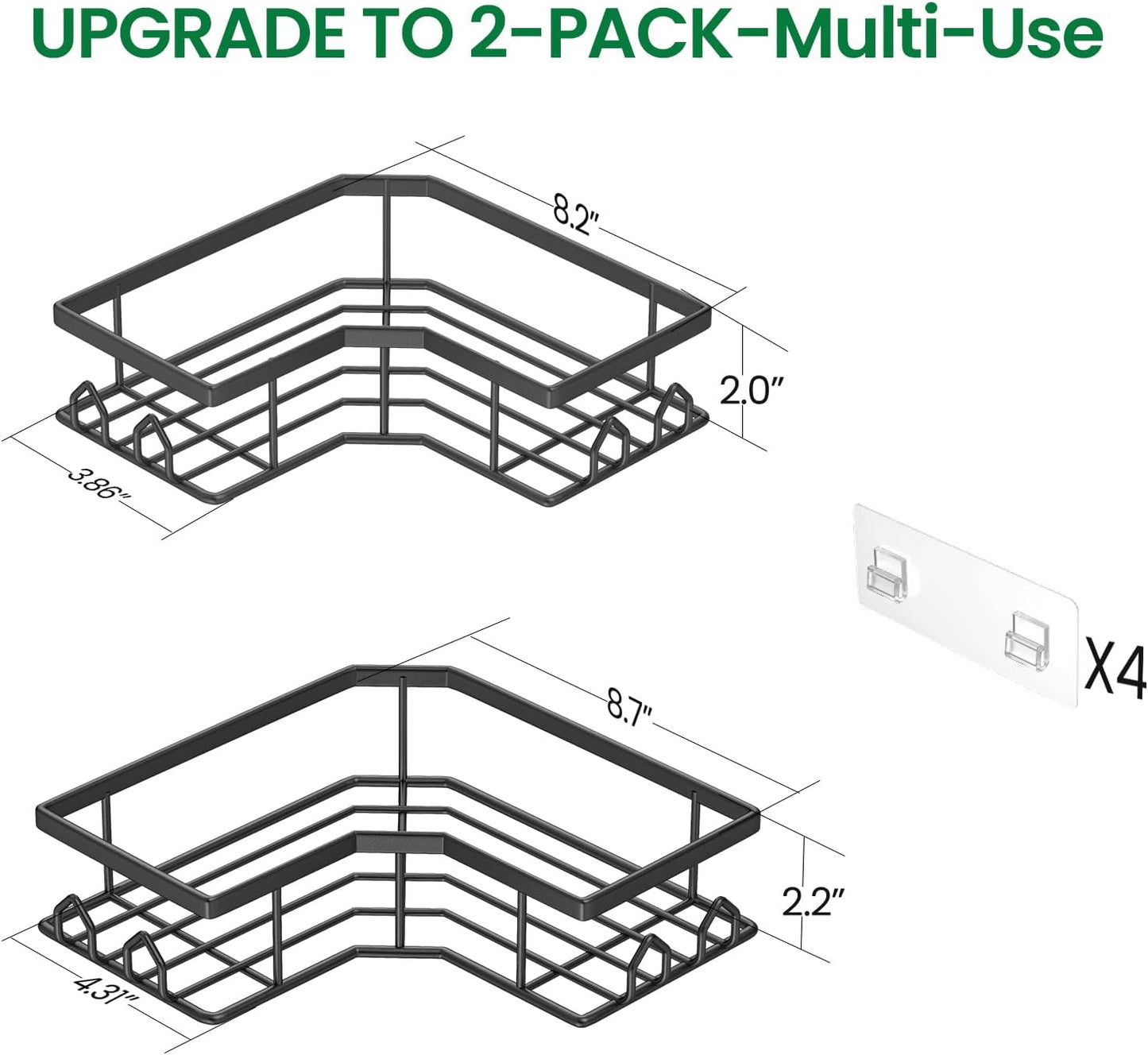 Skiennix Adhesive Shower Caddy - 2 Pack Rustproof Stainless Steel Corner Shelves | No Drilling, Large Capacity