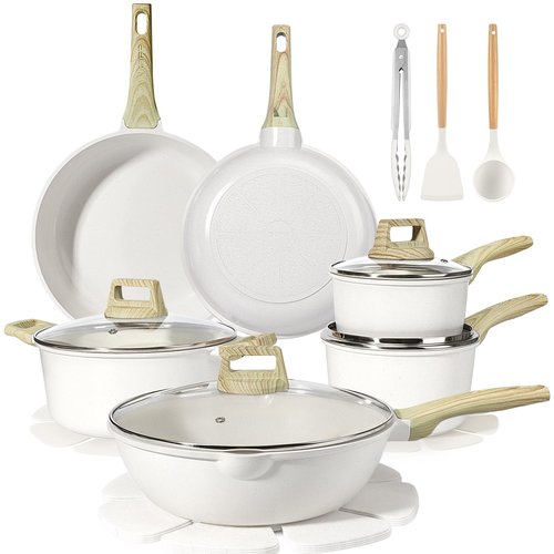 GiPP Pots and Pans Set Non Stick - 10 Pcs White Granite Kitchen Cookware Sets Nonstick Induction Cookware Non-toxic Cooking Pan Set with Lids, PFOS and PFOA Free