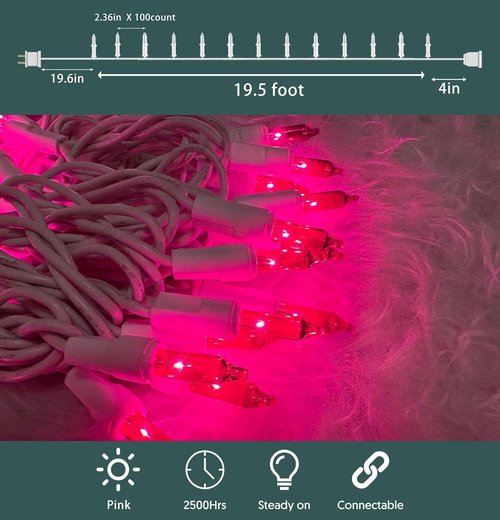 HISHINY 100 Count Pink Christmas Tree String Lights - UL Certified 21ft Indoor/Outdoor Decor