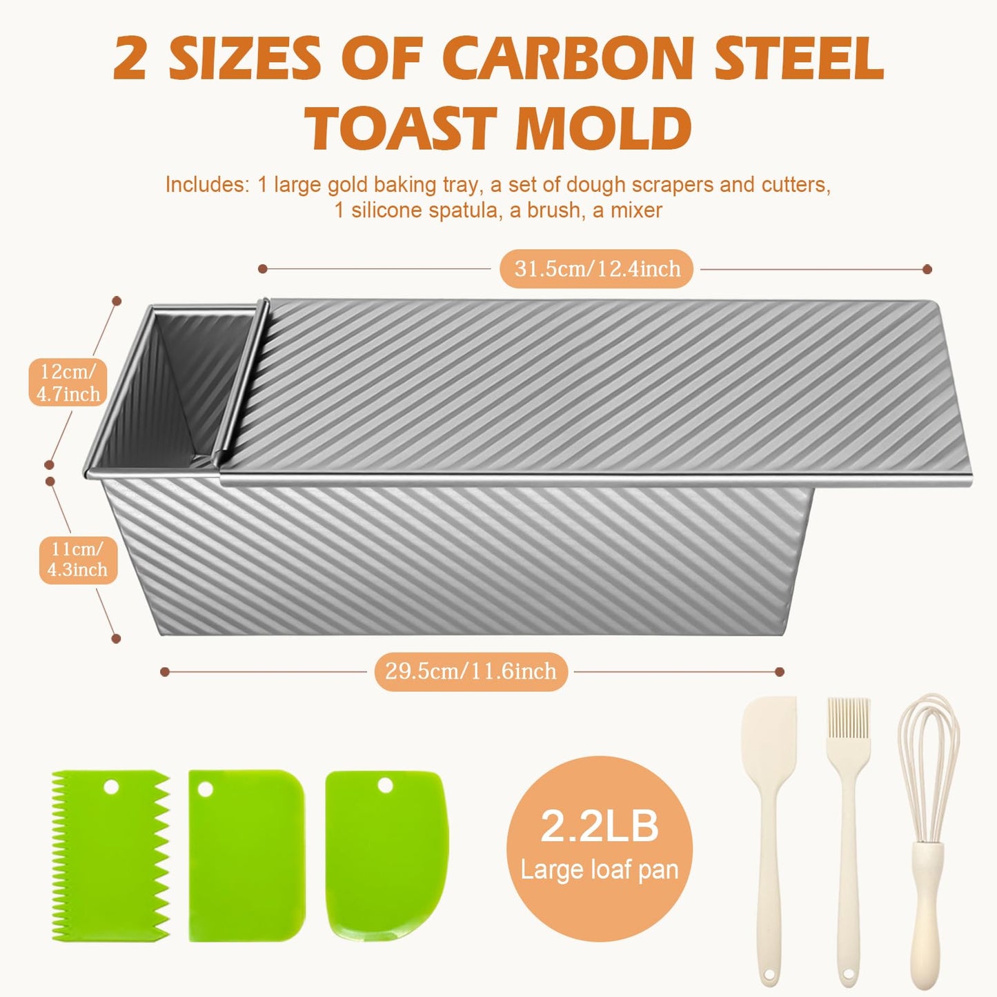Dipanist 2.2lb Pullman Loaf Pan with Lid, Nonstick Carbon Steel Square Bread Pan for Baking Shokupan, Sandwich, Pain de Mie & Sourdough – Includes 6 Bonus Tools