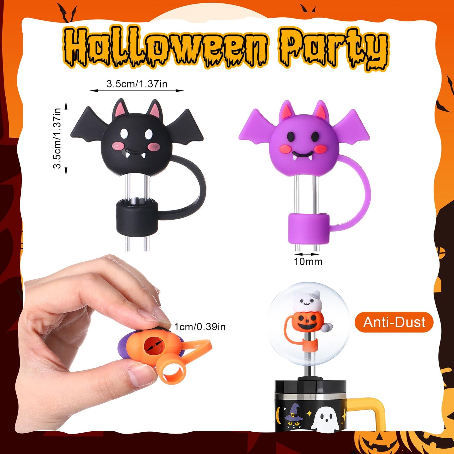 Honeydak 36 Pcs 3D Halloween Straw Toppers for Cup Silicone Straw Cover Cap for 30&40 oz Tumbler, 10 mm Silicone Toppers with Handle, Reusable Dustproof Tips Lids for Halloween Gifts Party Supplies