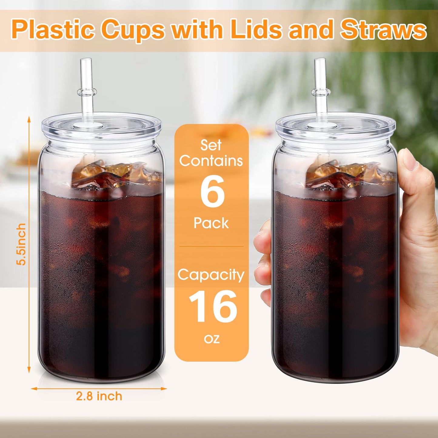 Blushtier 6 Pack 16 oz Plastic Cups Mason Jar Coffee Cup with Lid Clear Tumblers with Lid and Straw Round Bottom Plastic Cups for Iced Coffee Juice Reusable Milk Beverage Party (Clear)