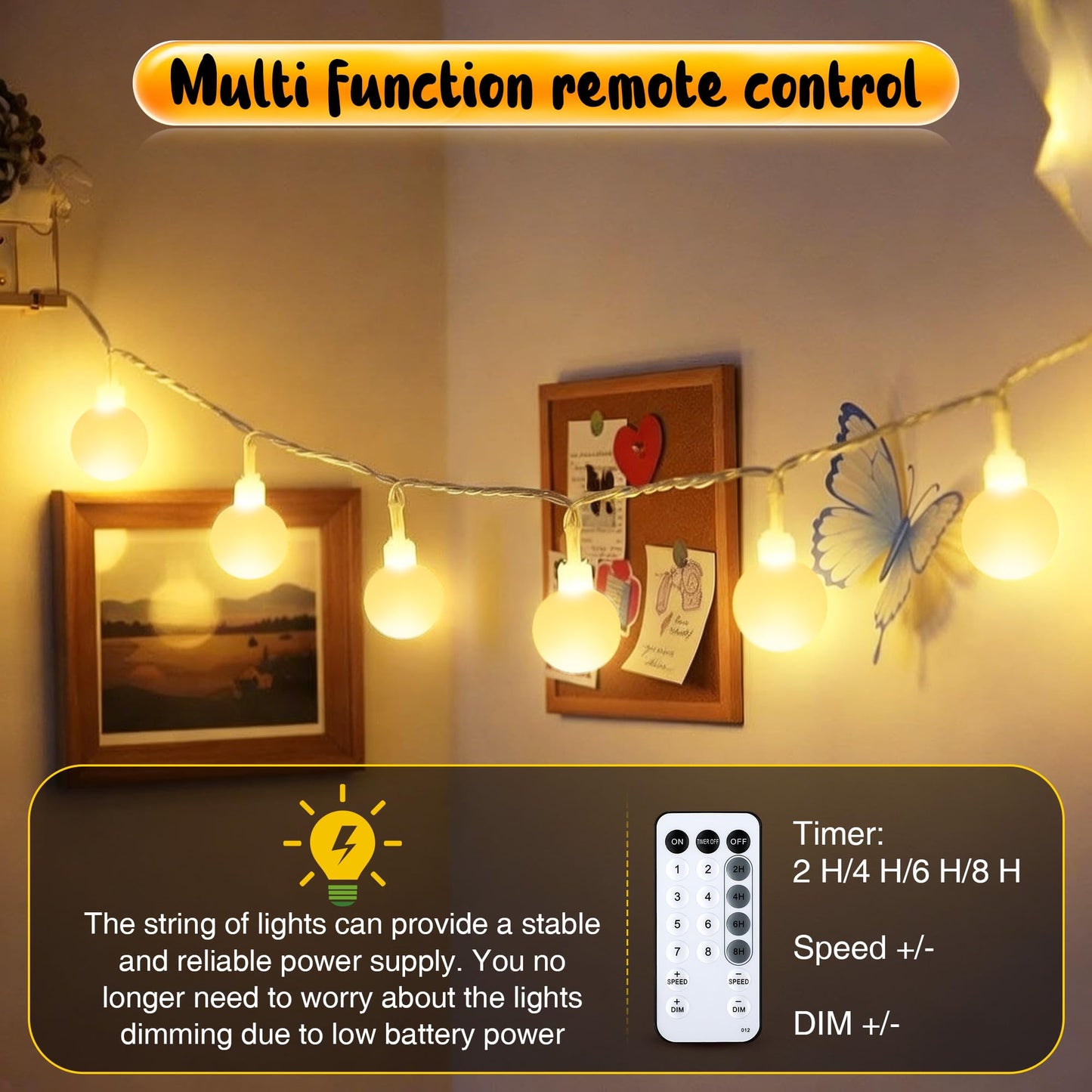 Enhon 1 Pack 23 ft 50 LED Battery Operated String Lights, Globe Starry Fairy Lights, 8 Modes, Plug in with Timer for Indoor Outdoor Bedroom Holiday Wedding Party Christmas Decor (Warm White)