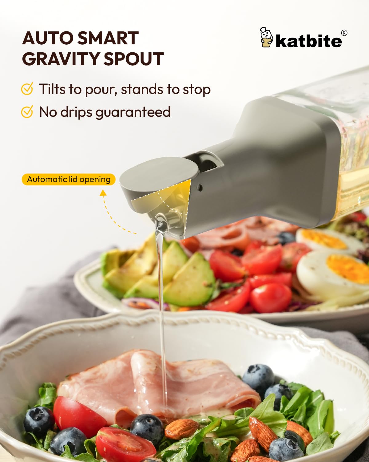 katbite 16oz Glass Olive Oil Dispenser Bottle for Kitchen Cooking - Leakproof Kitchen Essential with Precise Pouring Spout for Salad, Air Fryer, BBQ, Non-Stick Pans, Easy Refill and Use, Light Grey