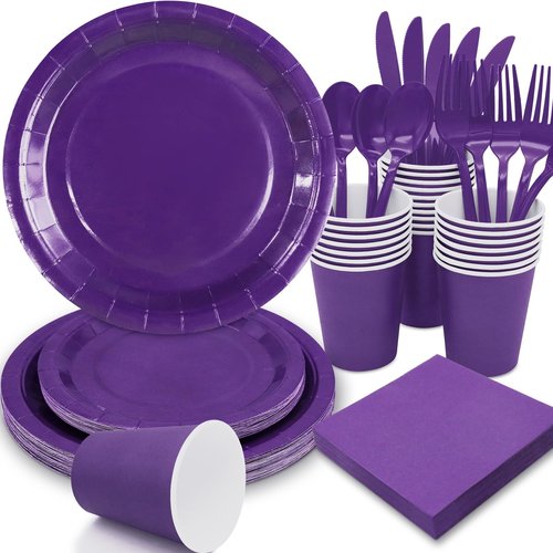 Gudvilla Purple Paper Plates Party Supplies,168pcs Purple Plates and Cups and Napkins Set for Mardi Gras Birthday Decorations Disposable Dinnerware Sets for Women Serve 24
