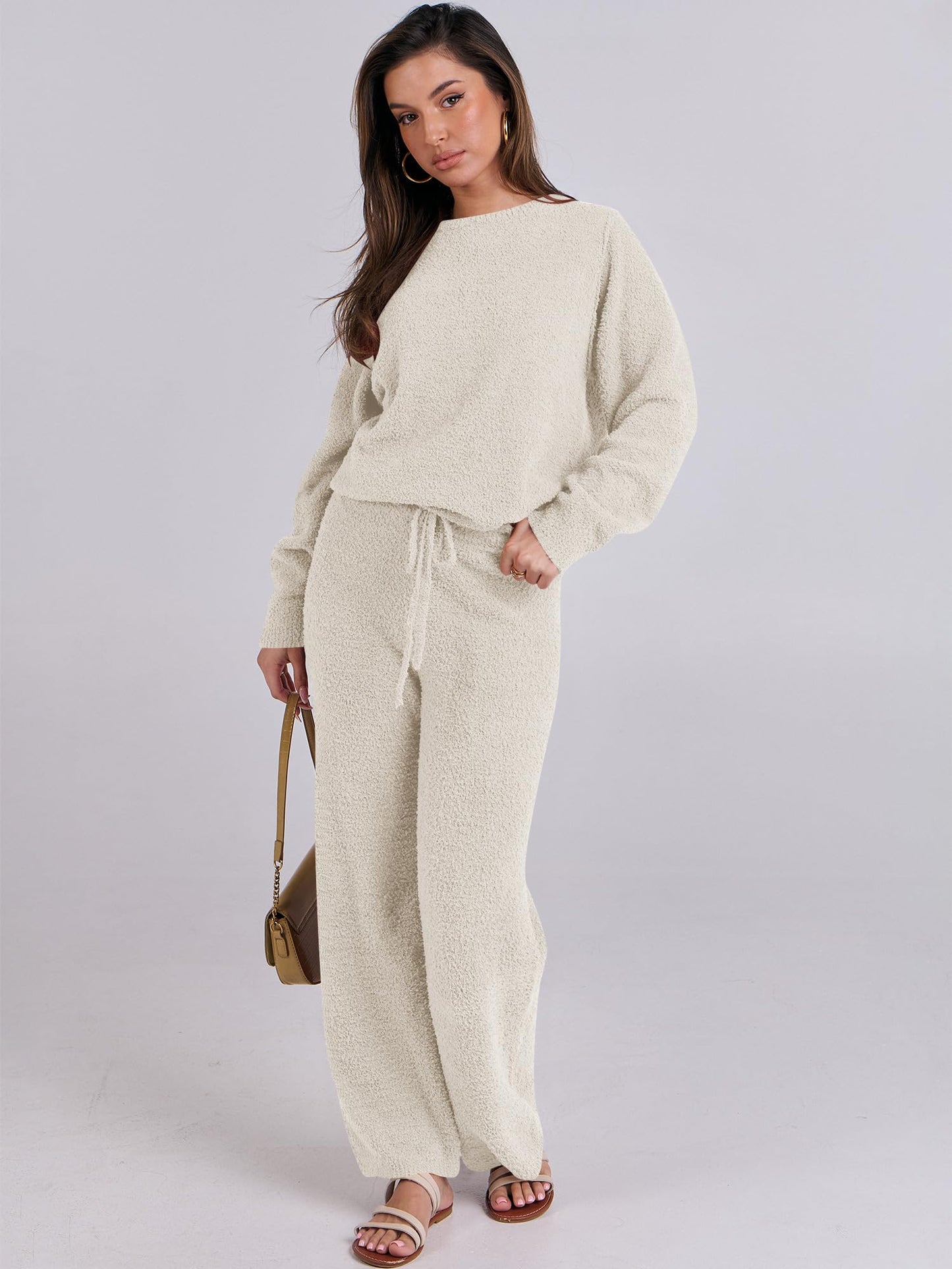 ANRABESS Women's Fuzzy Fleece Pajama Sets 2 Piece Outfits Long Sleeve Top Wide Leg Pants Lounge Matching Set 2025 Fall Winter