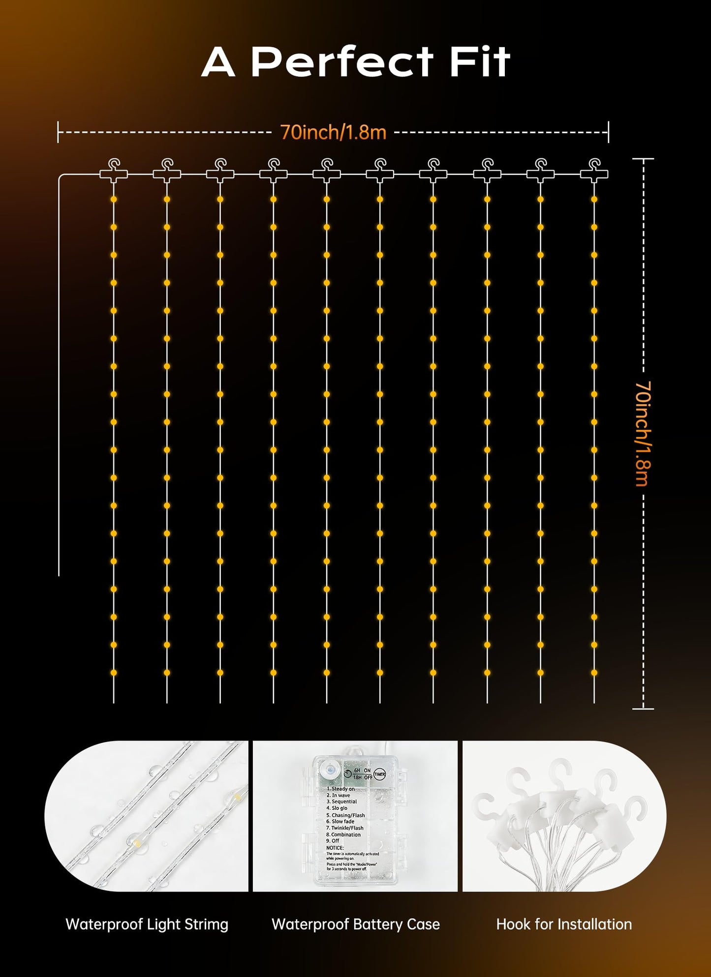 Brightown 180 LED Shower Curtain Lights, 70 Inch Warm White Fairy Lights Battery Operated String Lights, 8 Modes Waterproof Christmas Lights for Indoor Outdoor Decor(No Curtain)