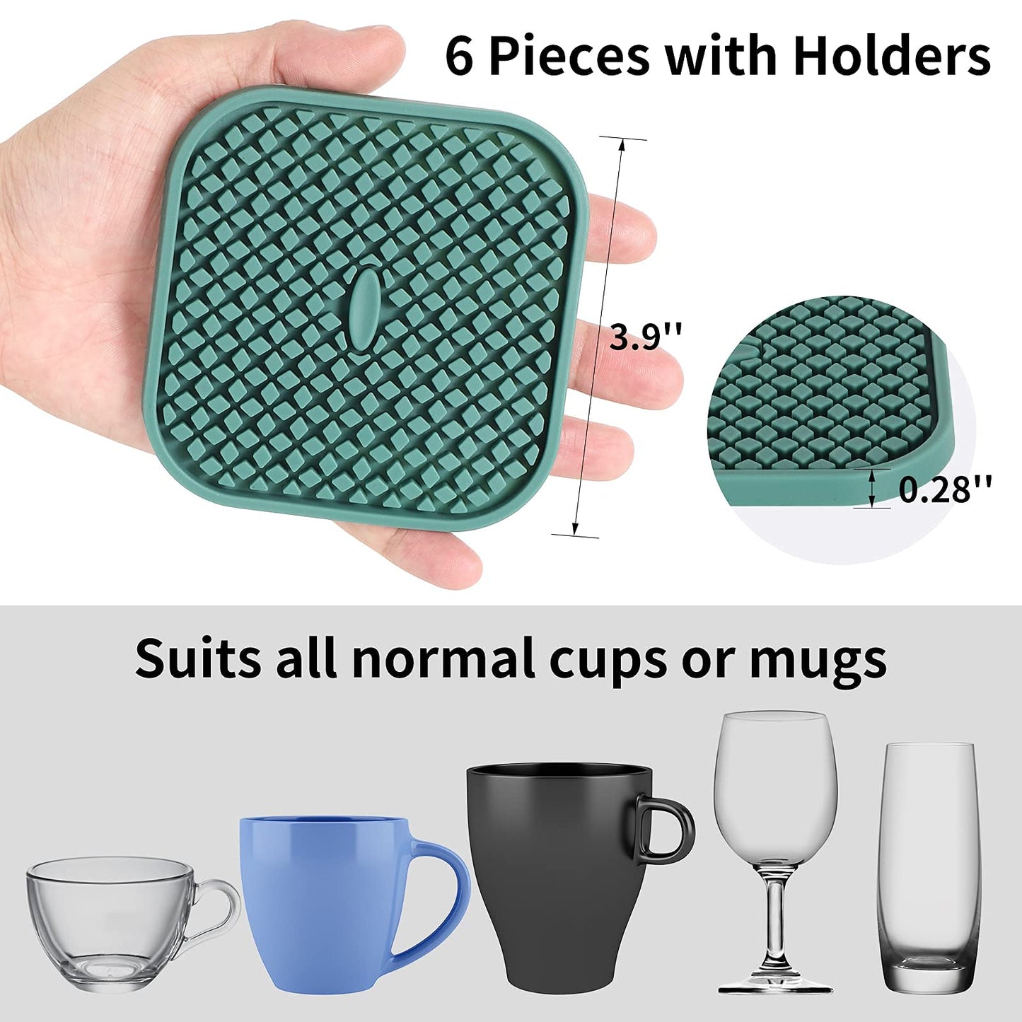 ME.FAN Silicone Coasters with Holder [6 Pack] Square Drink Cup Mat - Non-Slip, Non-stick, Stay Put, Deep Tray - Prevents Furniture and Tabletop Damages Deep Gray