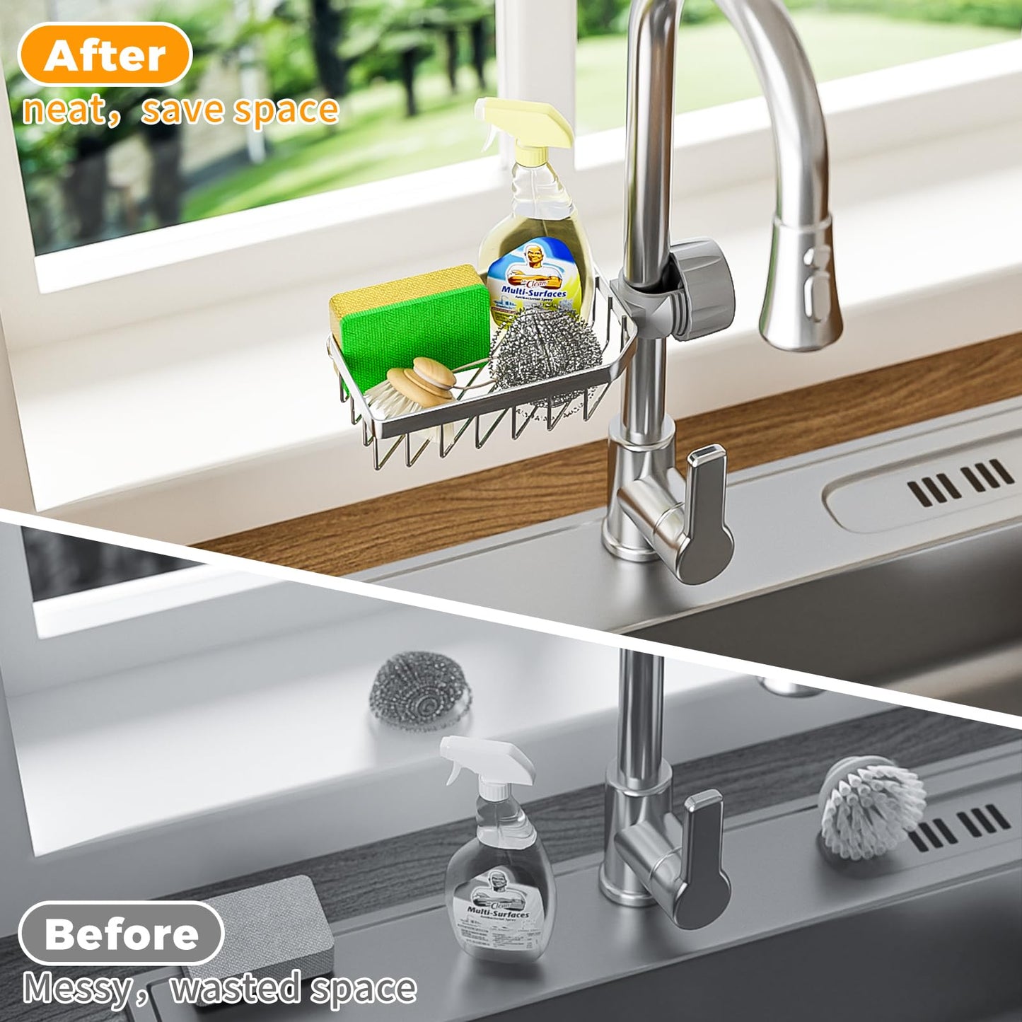 LONIN Stainless Steel Kitchen Sink Organizer Caddy – Over Faucet Sponge & Brush Holder, Rust-Resistant, Adjustable Universal Fit Faucet Rack, Quick Drain Sink Space Saver