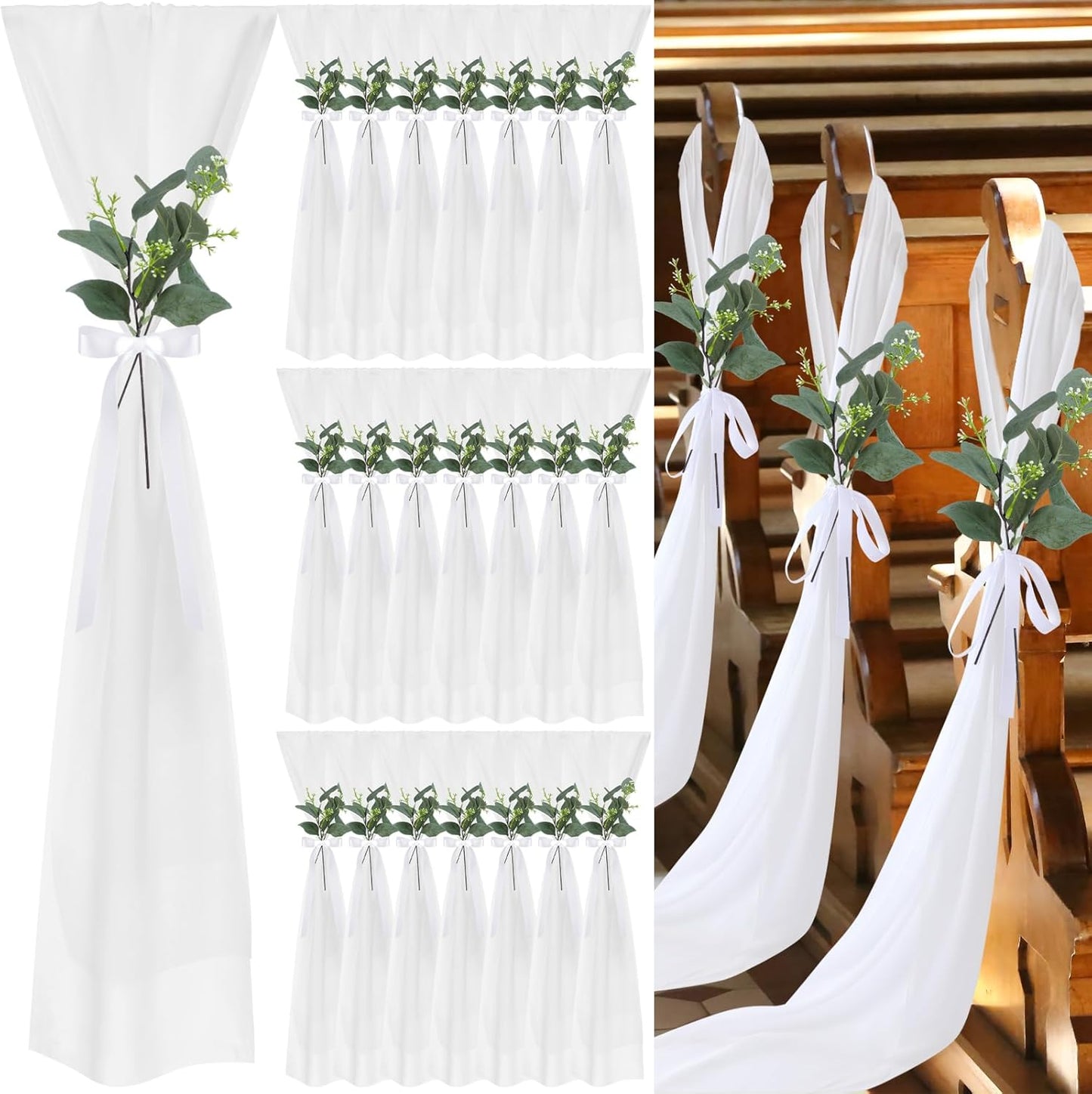 VitalCozy 24 Set Wedding Aisle Chair Decorations - Chiffon Sashes with Ribbon Bows & Eucalyptus Florals