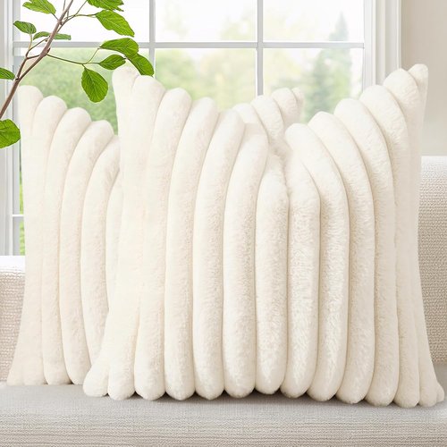 decorUhome Faux Fur Throw Pillow Covers - Cozy 18x18 Set of 2 | Soft Plush Striped Modern Farmhouse in Cream White