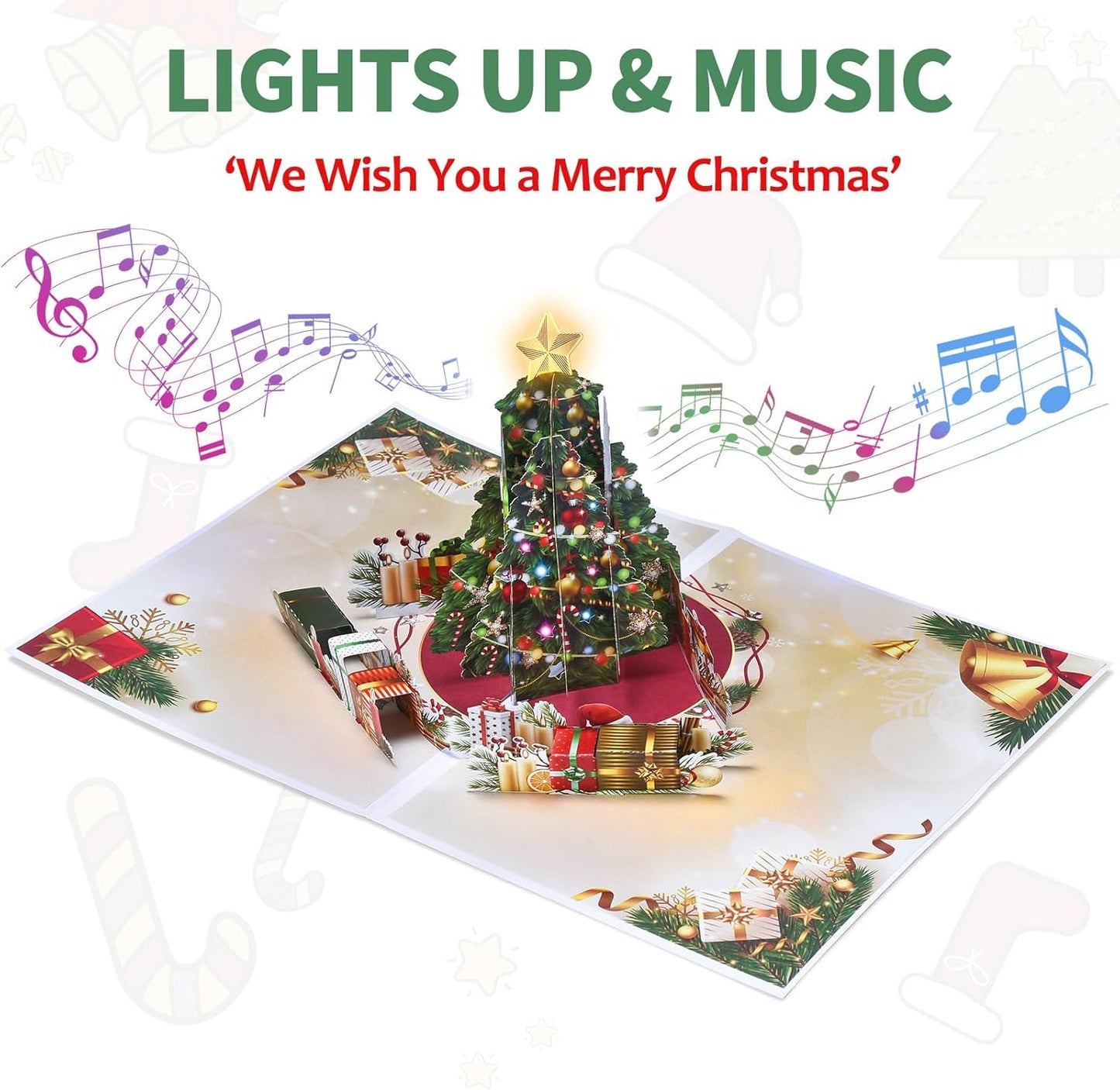 Venhoo Christmas Pop-Up Cards - 3D Handmade Musical Greeting Card with Light & Envelope | Christmas Tree Design