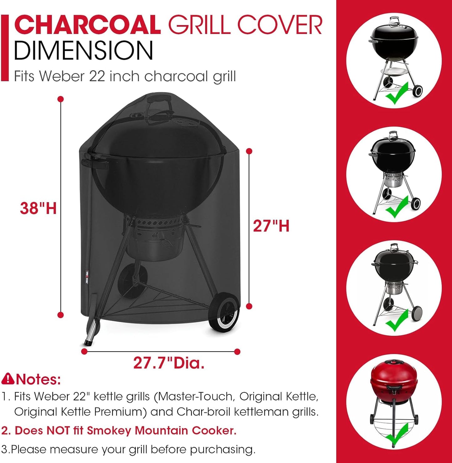 Unicook Heavy-Duty Round Kettle Grill Cover - Waterproof & Fade Resistant | Fits 22-Inch Weber Charcoal Grill