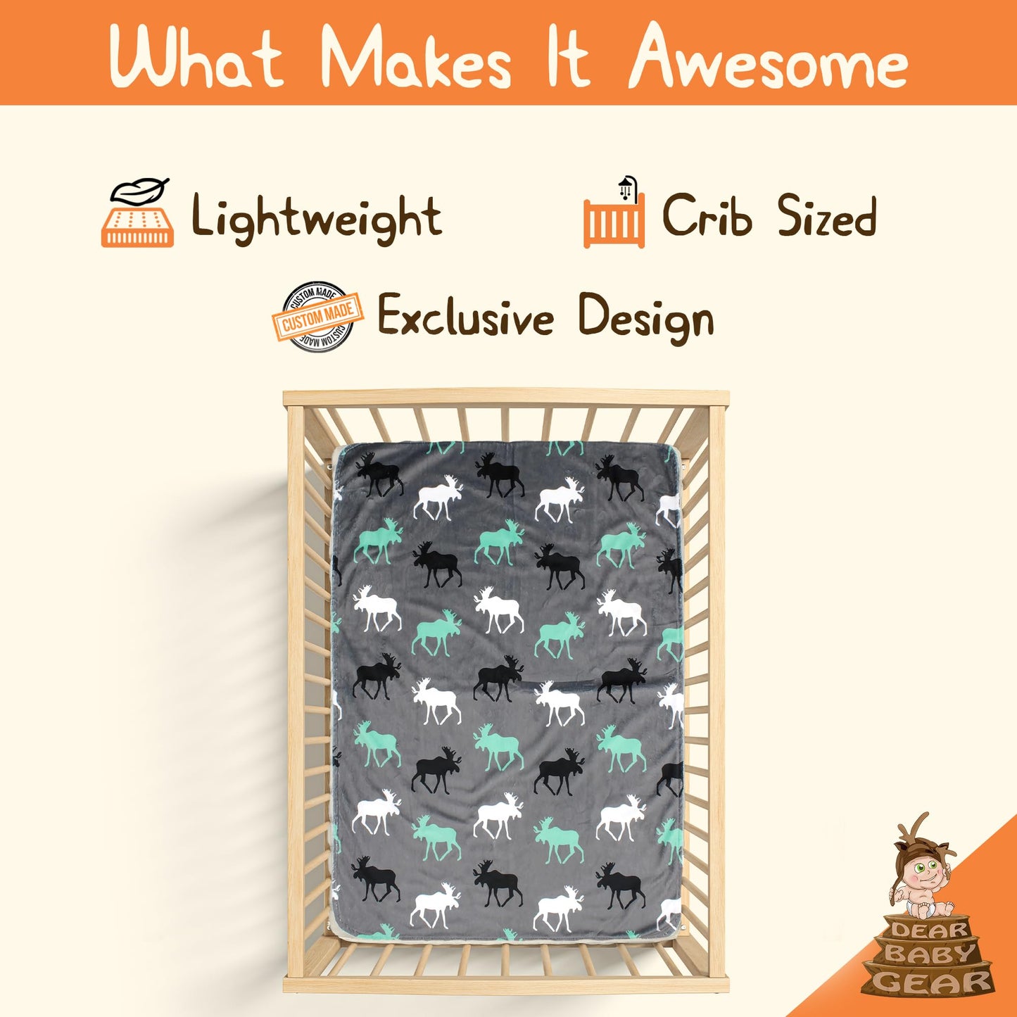 Dear Baby Gear - Reversible Baby Blankets - Soft Nursery Blanket for Newborn - Toddler Blankey - Throw Blanket for Boys & Girls - Infant Blankets - 40x30" (White Gray and Mint, Moose)