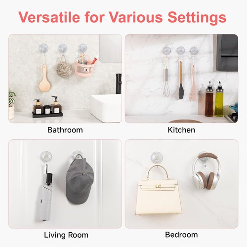 ANDGOO Large Suction Cup Hooks - Heavy Duty Removable Shower Hooks for Bathroom | Clear, 4 Pack