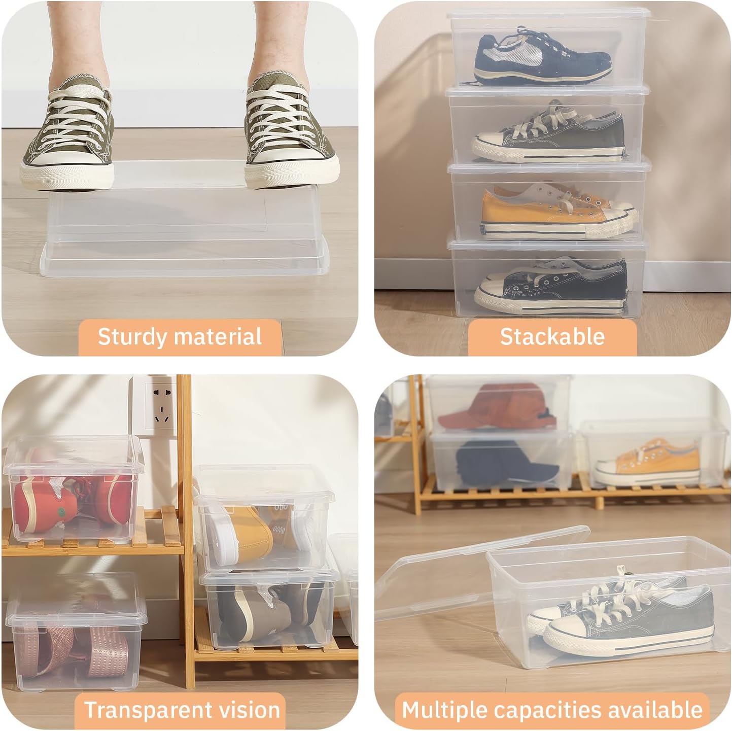 Stackable Clear Storage Bins - 12 Pack Latching Shoe Boxes with Lids | 6 Quart Plastic Containers