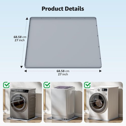 Drain Pan 27''x27'' by [Brand Name] - Leak-Proof Silicone Mat with Non-Slip Edges | Waterproof Washer Tray in Gray