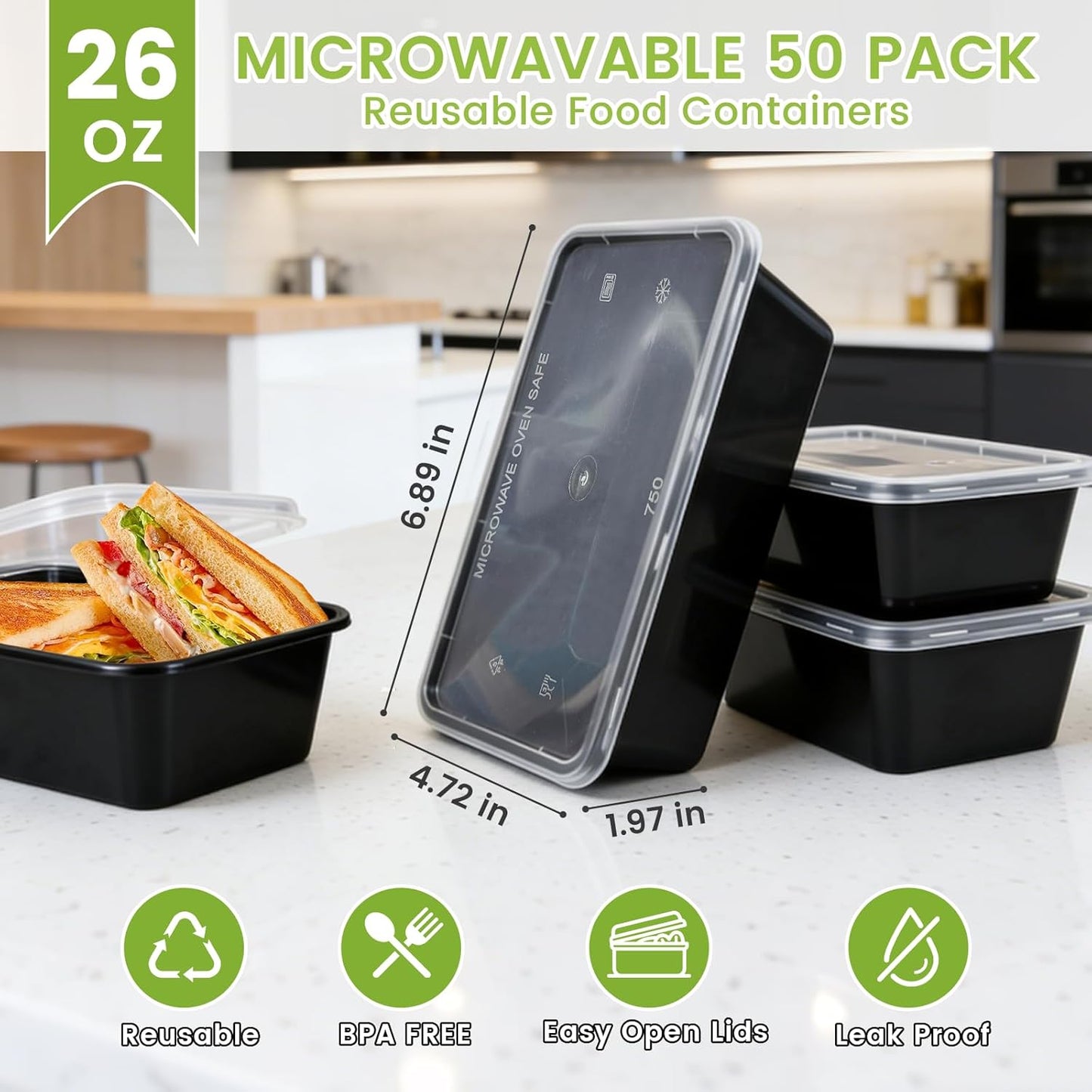 Skiennix 50-Pack Meal Prep Containers - 26 OZ Microwavable & Reusable Food Storage Boxes | Stackable & Dishwasher Safe