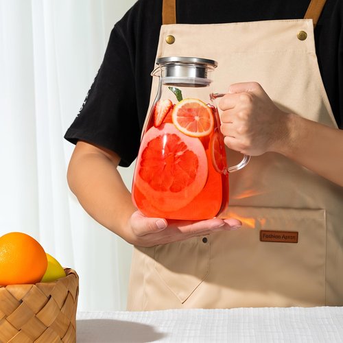 FrutPunch 2 Liter 68 oz Glass Pitcher with Lid, Modern Design, Transparent, Leakproof, Wide Mouth, With Handle