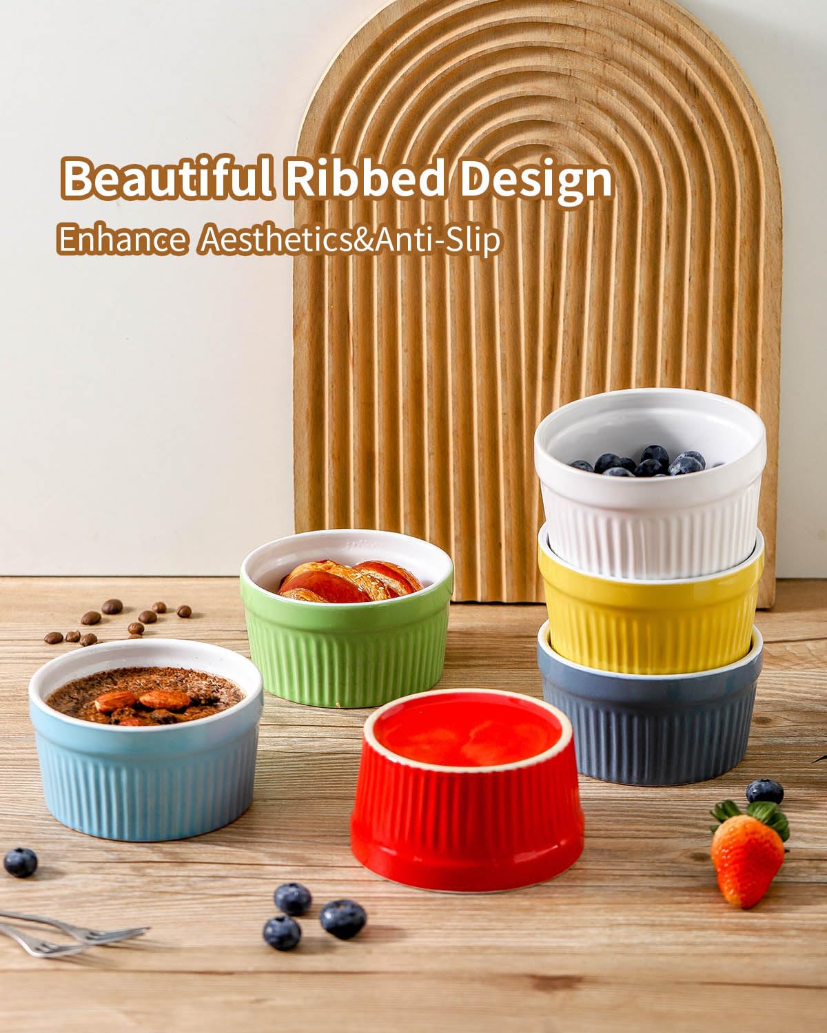 Hasense Ceramic Ramekins, 8 oz Creme Brulee Ramekins Set of 6, Porcelain Souffle Cups for Pudding, Dipping Sauce, Ice Cream, Custard, Ceramic Baking Dish, Dishwashing Safe, White