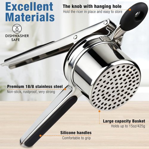 AIDOIT Potato Ricer - Heavy Duty Stainless Steel Masher with 3 Discs for Smooth Mashed Potatoes | 15oz