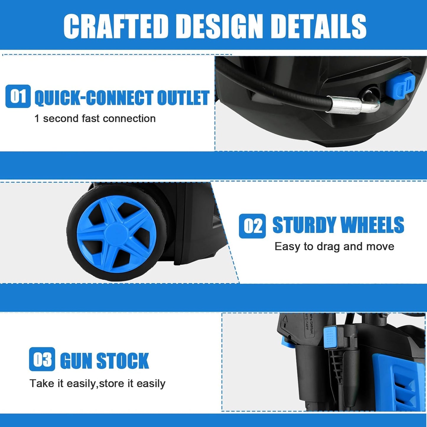 Skiennix Electric Pressure Washer - 5000 PSI Portable Power Washer with 4 QC Nozzles & Foam Cannon - Deep Blue