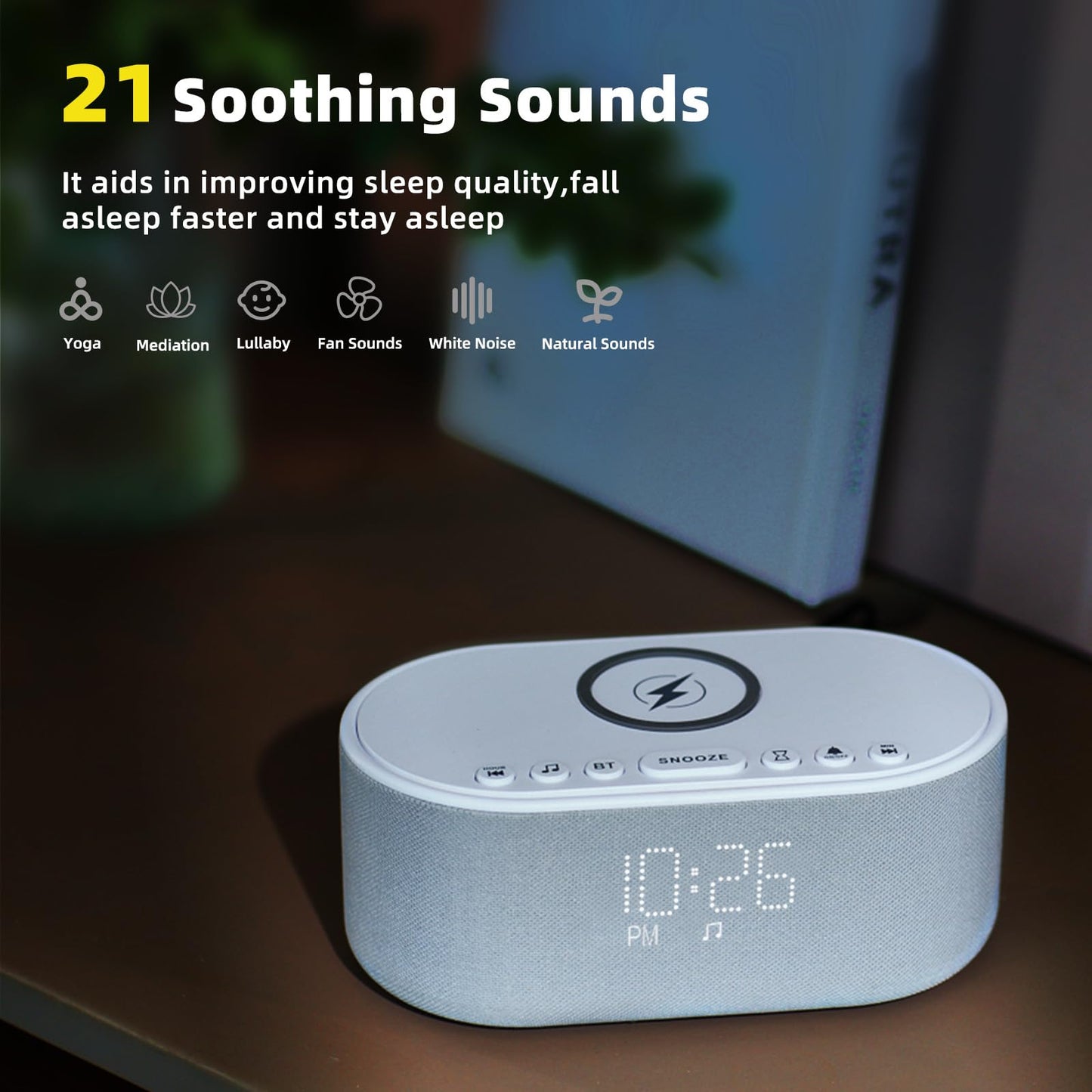 Odokee Sound Machine Alarm Clock Wireless Charger: Bluetooth 10W Stereo Sound Speaker Bedroom - White Noise Machine for Sleeping with 21 Soothing Sounds