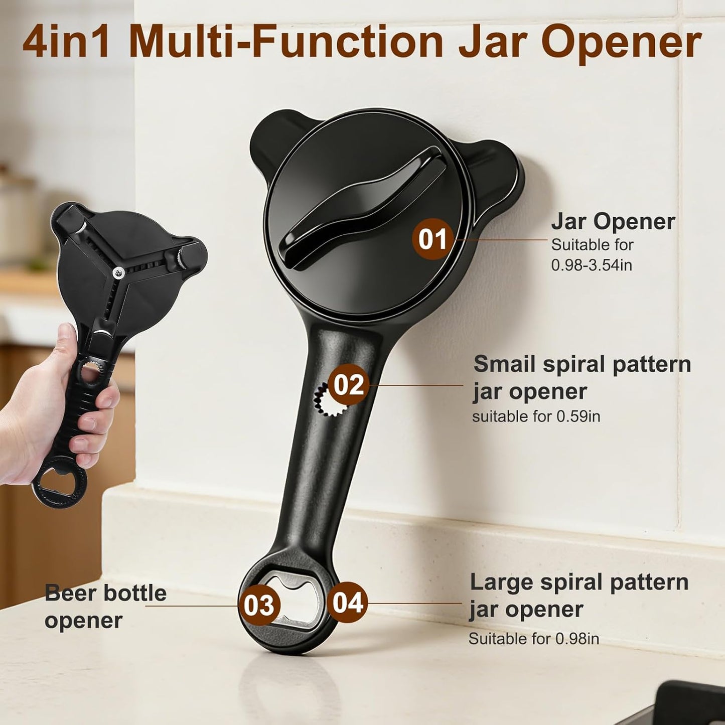 Skiennix 4-in-1 Jar Opener - Adjustable Lid Tool with Non-Slip Grip & Magnetic Hook | Ideal for Seniors & Arthritis