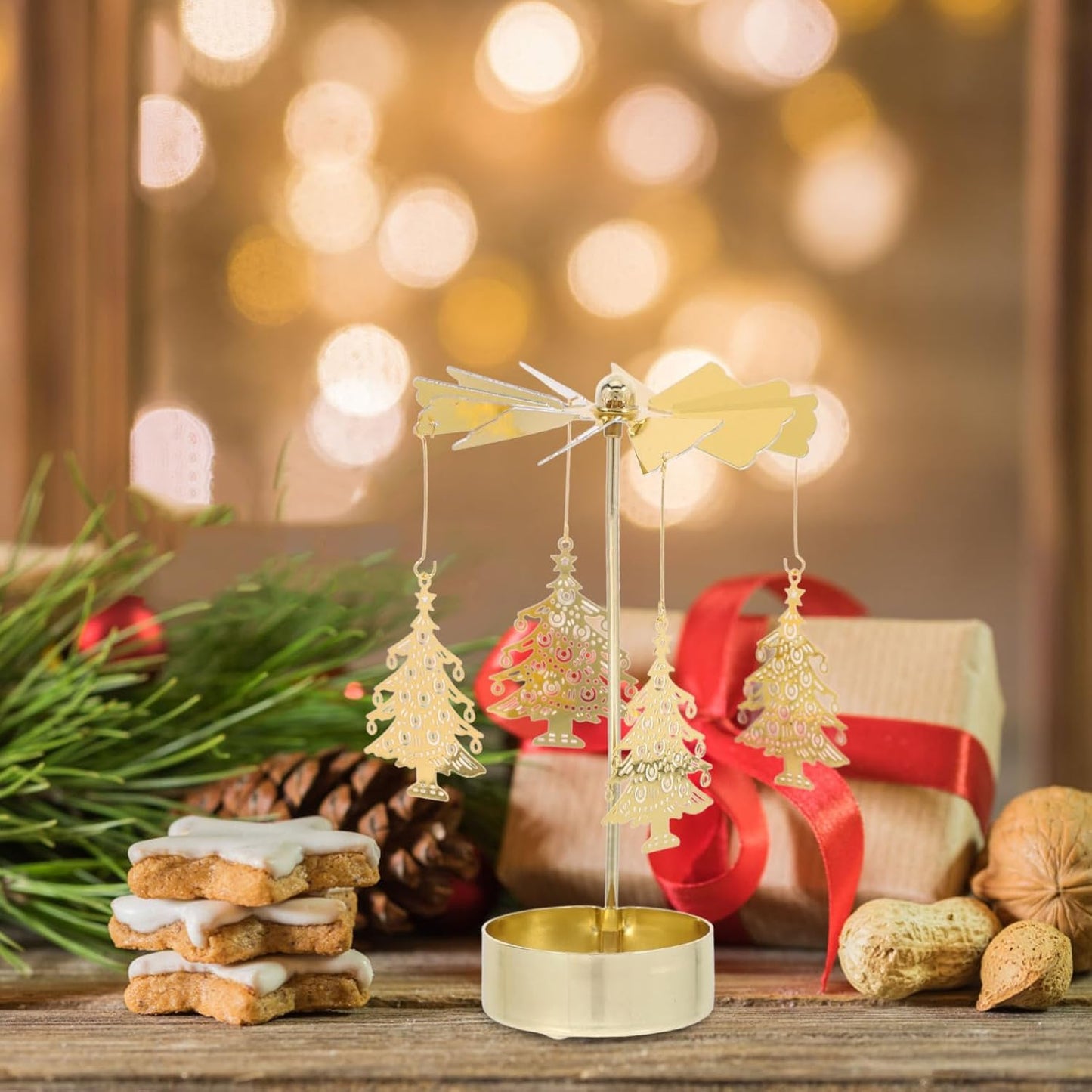 Zerodeko 3pcs Rotary Candle Holder Set - Christmas Tree, Snowflake & Reindeer Design | Metal Spinning Windmill Tea Light Holders for Festive Home Decor