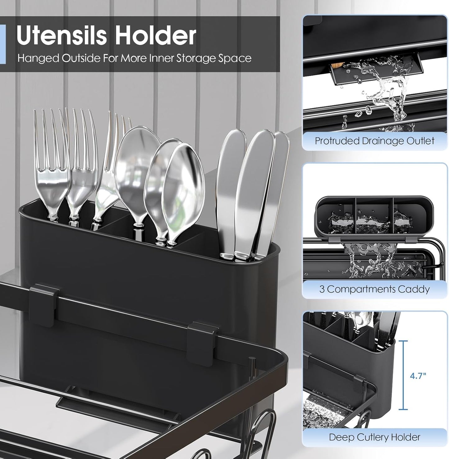 Urackify Dish Drying Rack - Large Kitchen Counter Rack with Drainboard & Cutlery Holder | Black
