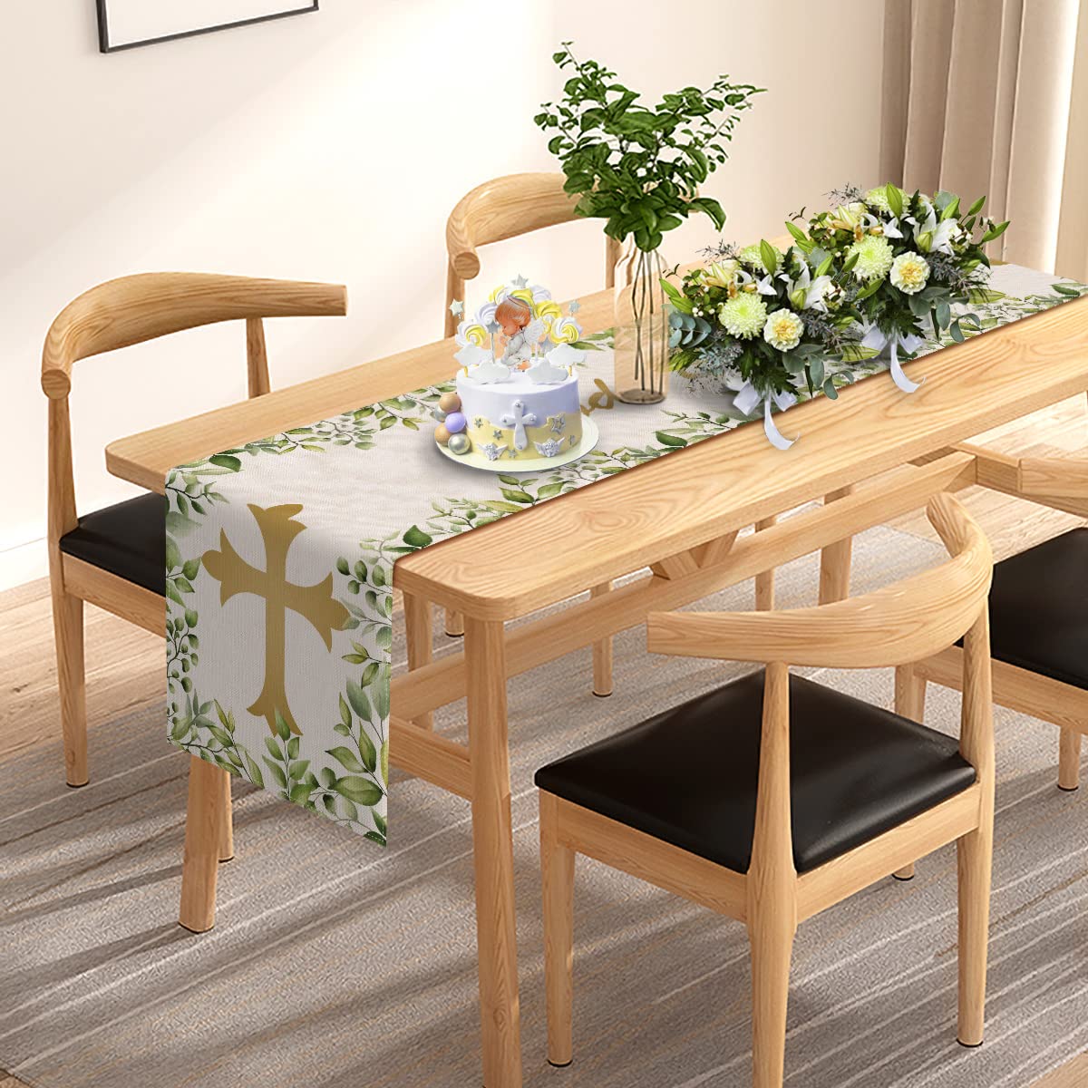 Pudodo Baptism Table Runner God Blessed First Communion Christian Cross Baby Shower Party Kitchen Dining Home Decoration (13" x 72", Green)