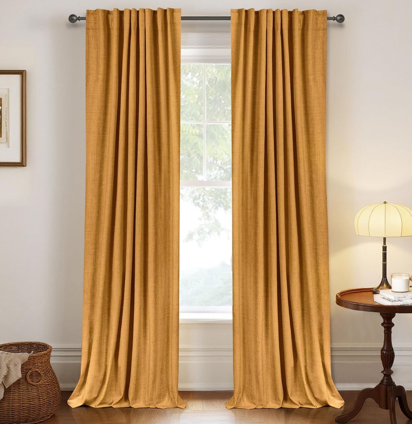Skiennix 100% Blackout Linen Curtains - Thermal Insulated Drapes, Mustard Yellow, 50" W x 102" L, 2 Panels Set