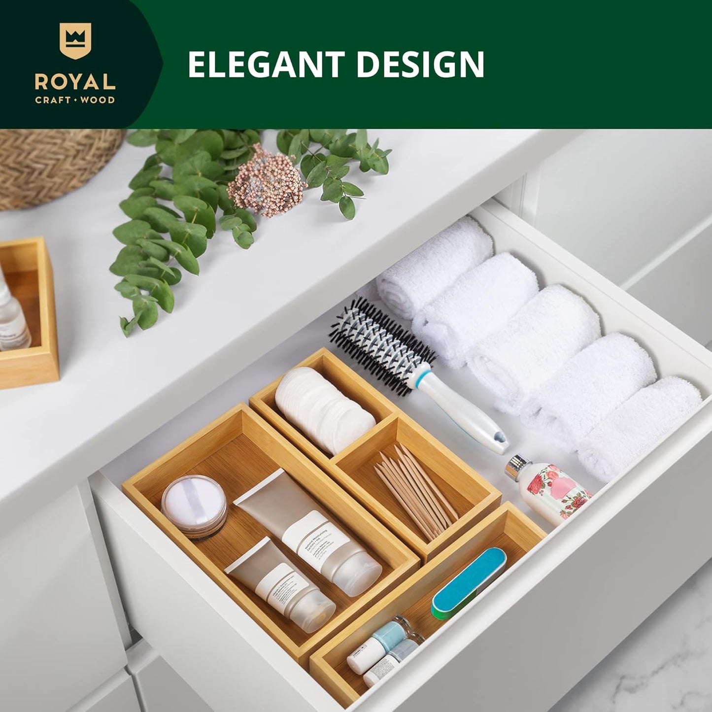 Royal Craft Wood Luxury Bamboo Drawer Organizer Set - Multi-Use Storage for Kitchen, Bathroom, Office (3 Boxes)